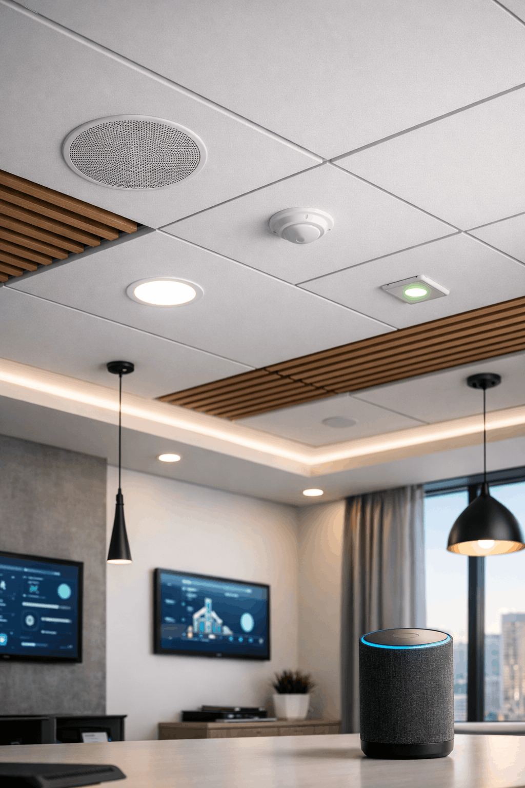 Active Acoustic Ceilings: Integrating speakers, sensors, and aesthetics.